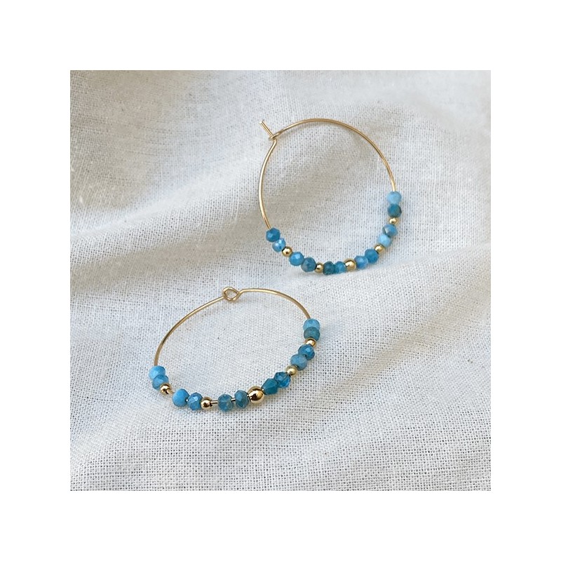 Boucles d'oreilles créoles 30 mm en plaqué or avec pierre fine en Turquoise apatite - Bijoux fins et modernes