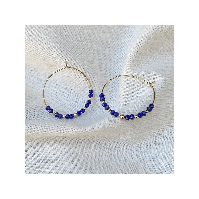 Boucles d'oreilles créoles 30 mm en plaqué or avec pierre fine en lapis lazuli - Bijoux fins et modernes