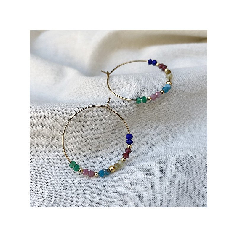 Boucles d'oreilles créoles 30 mm en plaqué or avec pierre fine multicolores - Bijoux fins et modernes