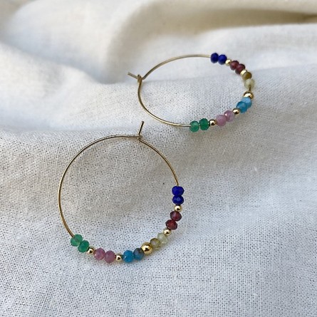 Boucles d'oreilles créoles 30 mm en plaqué or avec pierre fine multicolores - Bijoux fins et modernes