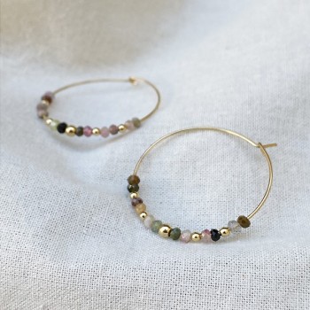 Boucles d'oreilles créoles 30 mm en plaqué or avec pierre fine en tourmaline multicolore - Bijoux fins et modernes