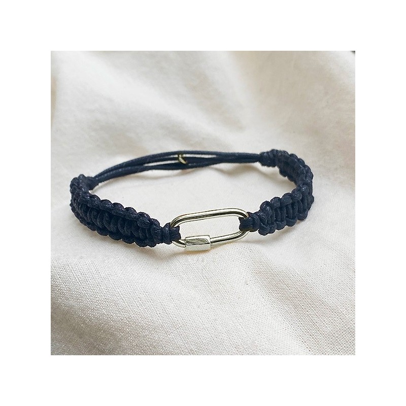 Mousqueton en plaqué or macramé coton ciré noir ajustable - bijoux de créateur