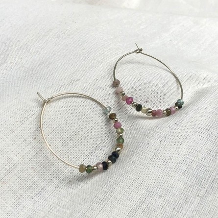 Boucles d'oreilles créoles 30 mm en argent avec pierre fine en tourmaline multicolore - Bijoux fins et modernes