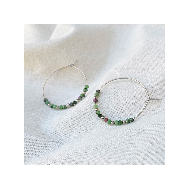 Boucles d'oreilles créoles 30 mm en argent avec pierre fine en rubis soizite vert/rose indien - Bijoux fins et modernes