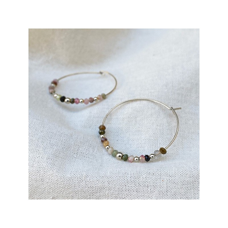 Boucles d'oreilles créoles 30 mm en argent avec pierre fine en tourmaline multicolore - Bijoux fins et modernes