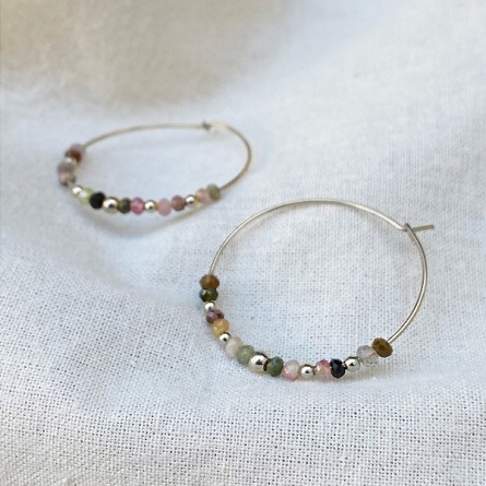 Boucles d'oreilles créoles 30 mm en argent avec pierre fine en tourmaline multicolore - Bijoux fins et modernes