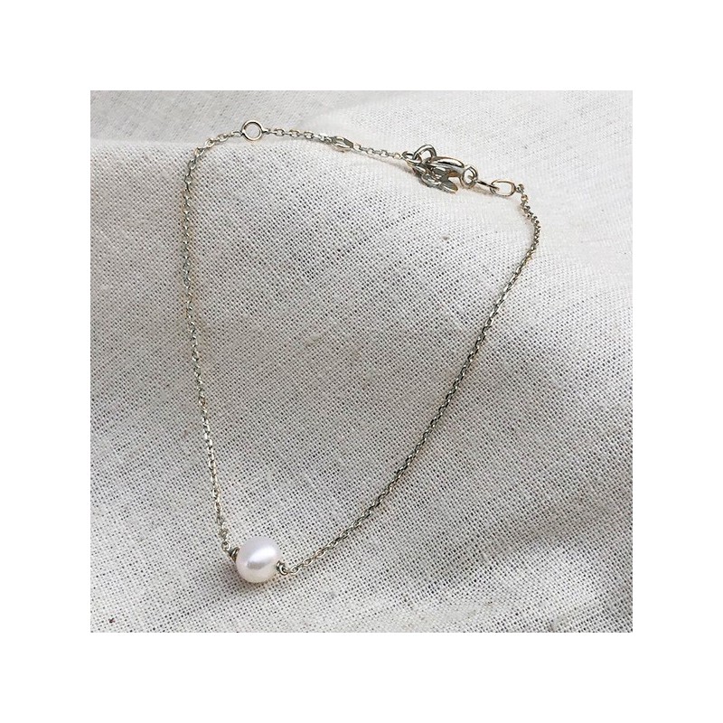 Bracelet sur chaine en argent pierre ronde perle d'eau douce - Bijoux fins et intemporels