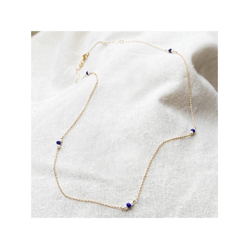 Collier sur chaine plaqué or lapis lazuli et perle fines - Bijoux fins et modernes