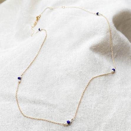 Collier sur chaine plaqué or lapis lazuli et perle fines - Bijoux fins et modernes