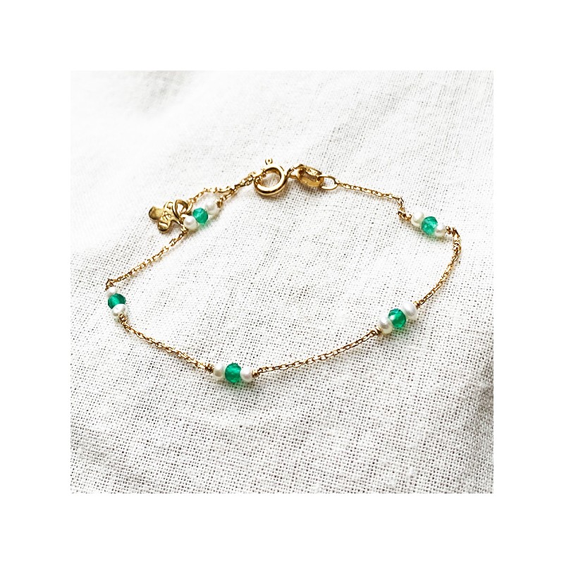 Bracelet Joséphine sur chaine en plaqué or agate verte et perle fines - Bijoux fins et fantaisies