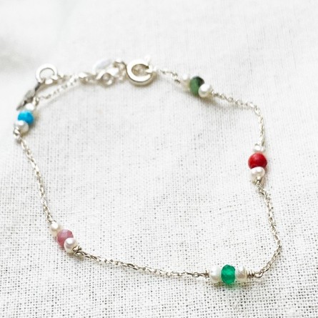 Bracelet Joséphine sur chaine en argent pierres multicolores et perle fines - Bijoux fins et fantaisies