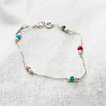 Bracelet Joséphine sur chaine en argent pierres multicolores et perle fines - Bijoux fins et fantaisies