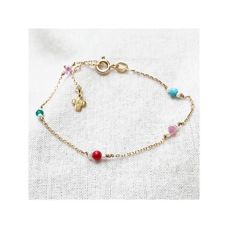 Bracelet Joséphine sur chaine en plaqué or pierres multicolores et perle fines - Bijoux fins et fantaisies