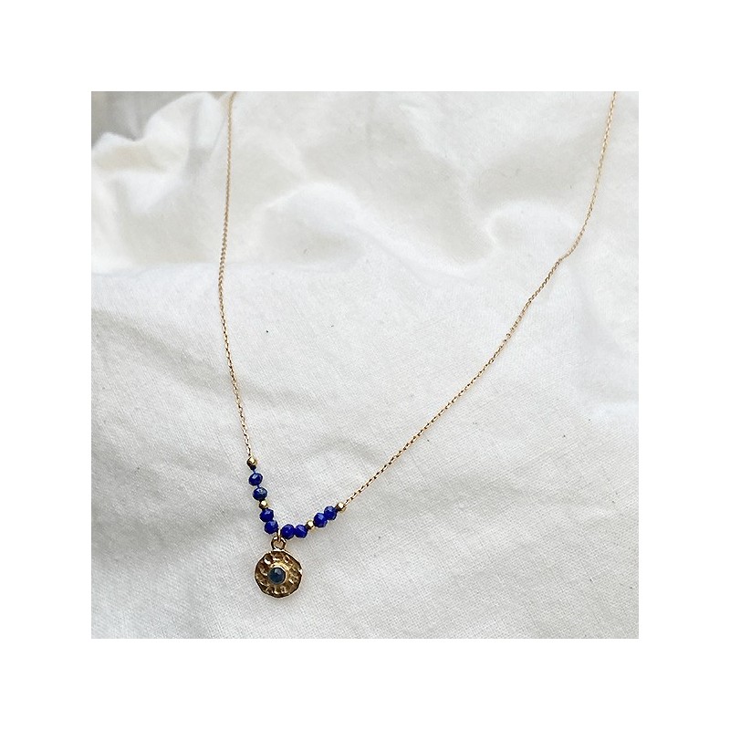 Collier sur chaine en plaqué or pierres fines lapis lazuli médaille ronde martelée - Bijoux fins et tendances