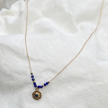 Collier sur chaine en plaqué or pierres fines lapis lazuli médaille ronde martelée - Bijoux fins et tendances