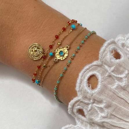 Bracelet chaine plaqué or pierre cornaline médaille pièce de monnaie - Bijoux fins et tendances