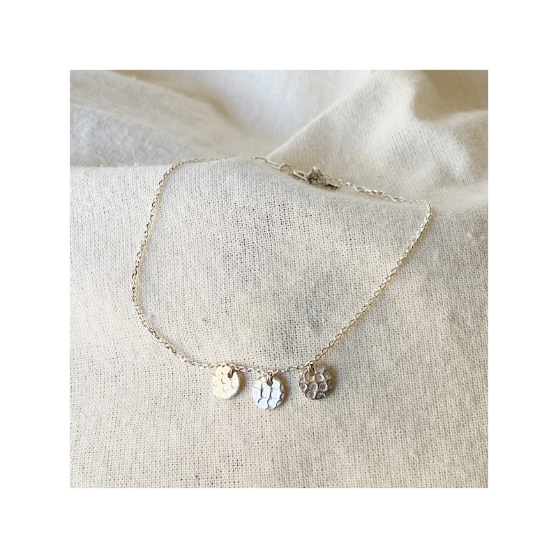 Bracelet 3 petites pampilles martelées sur chaine en argent - Bijoux fins et fantaisies