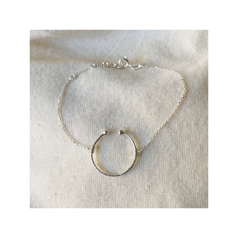 Bracelet anneau martelé ouvert sur chaine en argent - Bijoux fins et fantaisies