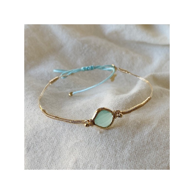 Le jonc Alice plaqué or monté sur fil d'or sertie médaille bleue turquoise - Bijoux fins et originaux