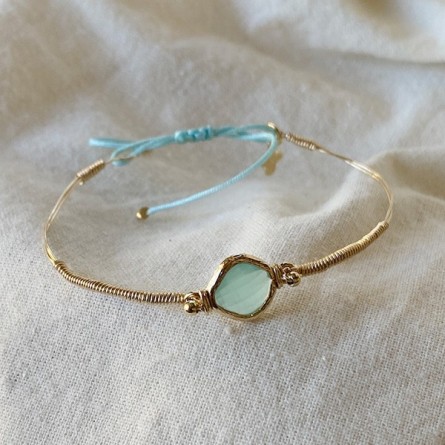 Le jonc Alice plaqué or monté sur fil d'or sertie médaille bleue turquoise - Bijoux fins et originaux