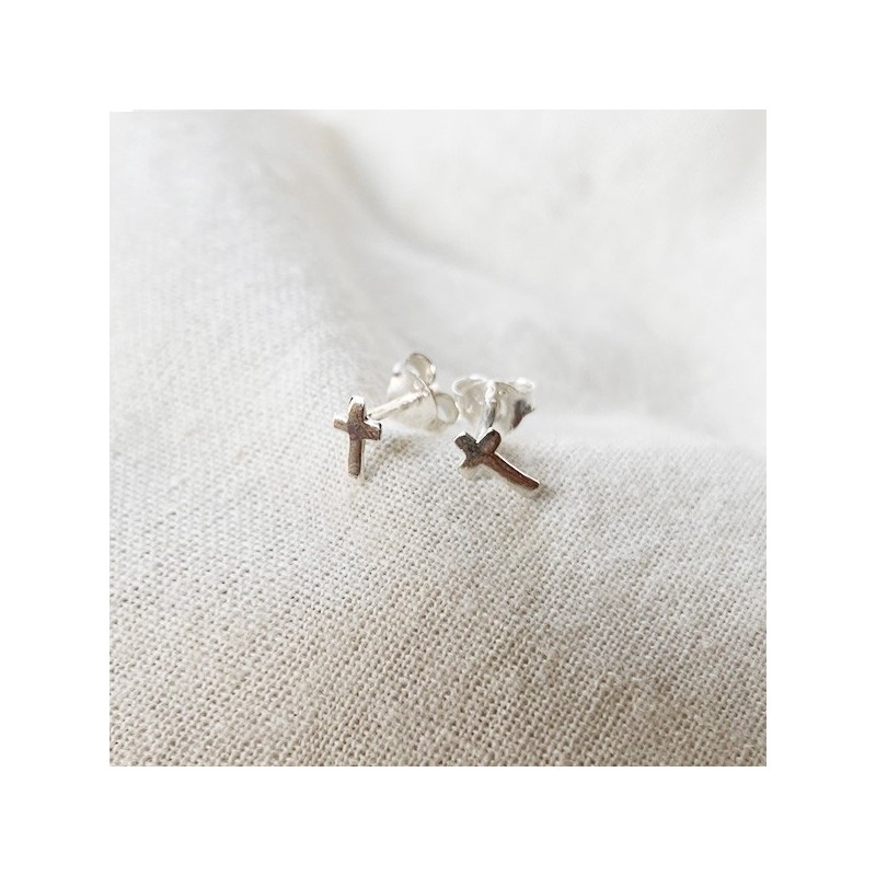 Boucles d'oreilles puce croix en argent - Bijoux fins de créateur