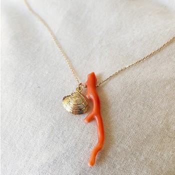 Collier sur chaine plaqué or médaille palourde et corail rouge - bijoux fins et fantaisies