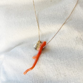 Collier sur chaine plaqué or médaille palourde et corail rouge - bijoux fins et fantaisies
