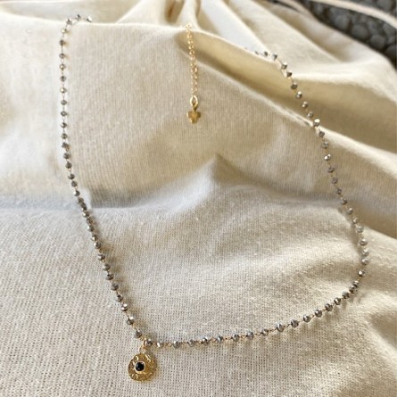 Collier Chapelet sur chaine perlée Anthracite avec médaille assortie - Bijoux modernes - Gag et lou - bijoux fantaisie