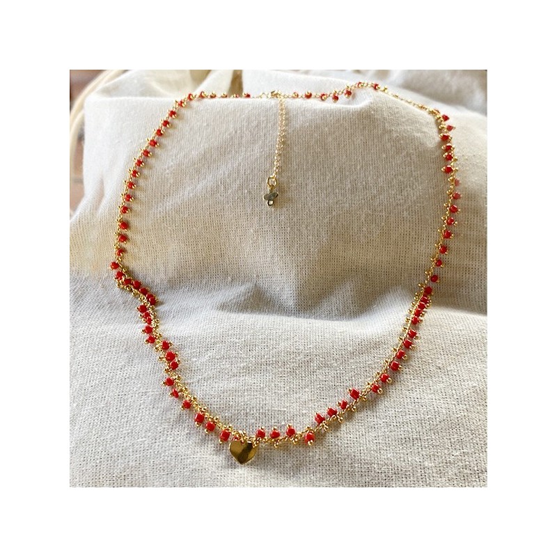 Collier India en plaqué or sur chaine perlée rouge et charms coeur - Bijoux fins et fantaisies