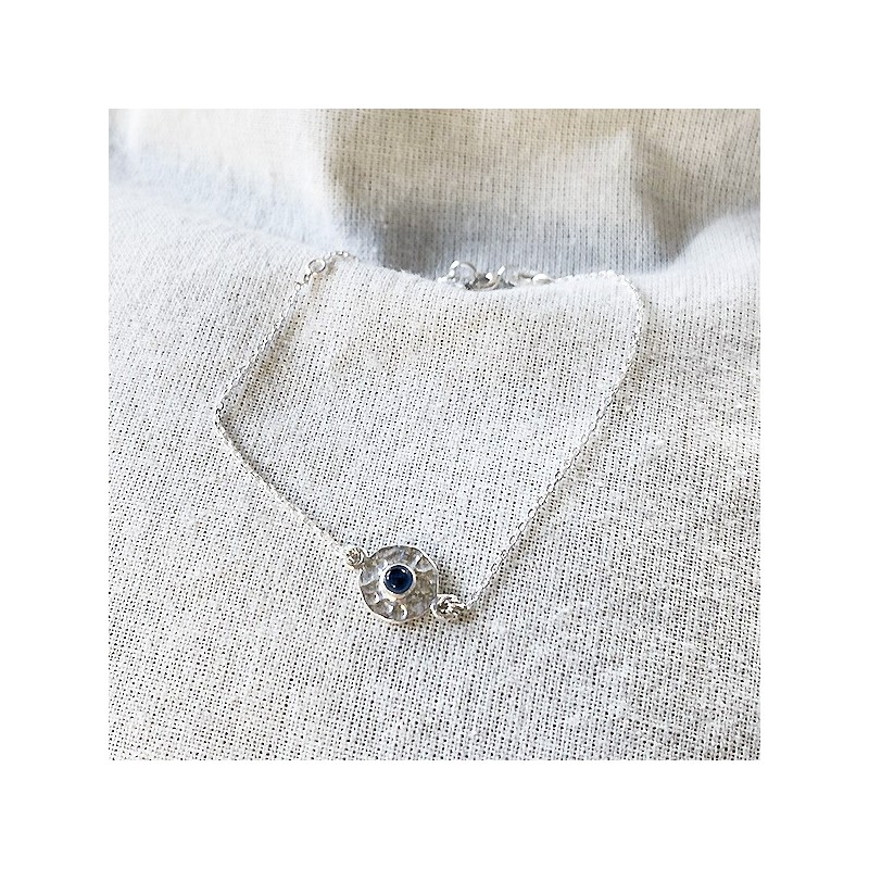 Bracelet chaine médaille martelée bleue en argent - Bijoux fins et originaux