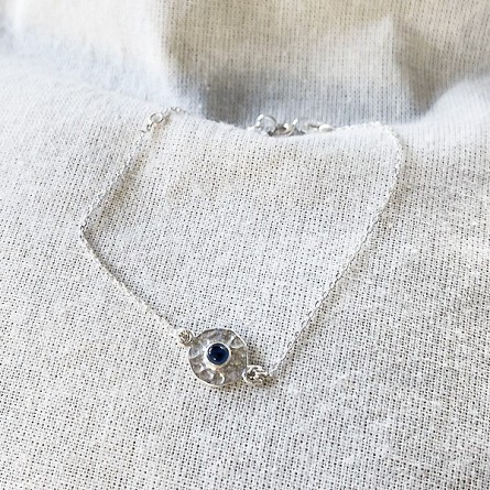 Bracelet chaine médaille martelée bleue en argent - Bijoux fins et originaux