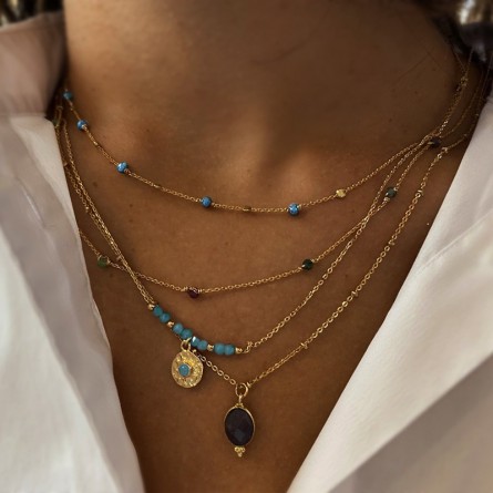 Collier sur chaîne perlée plaqué or médaille sertie silimanite bleue - Bijoux fins et fantaisies tendances