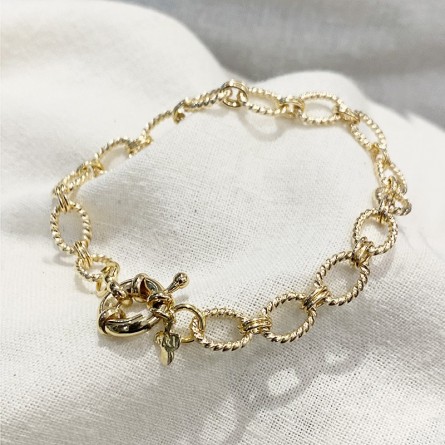 Bracelet à maillons ovale ciselés en plaqué or gros mousqueton rond marin bouée - Bijoux tendances