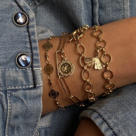 Bracelet à maillons ovale ciselés en plaqué or gros mousqueton rond marin bouée - Bijoux tendances