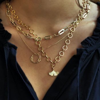 Collier à maillons ronds pendentif feuille de Ginkgo en plaqué or - Bijoux modernes