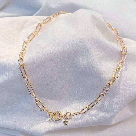 Collier à maillons longs ciselés en plaqué or gros mousqueton marin bouée - Bijoux tendance