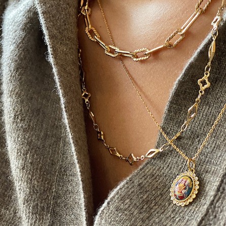 Collier à maillons longs ciselés en plaqué or gros mousqueton marin bouée - Bijoux tendance