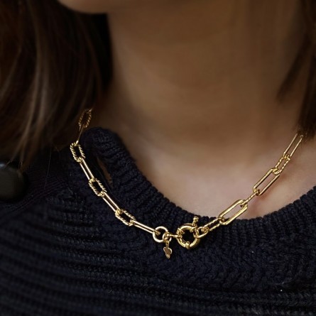 Collier à maillons longs ciselés en plaqué or gros mousqueton marin bouée - Bijoux tendance