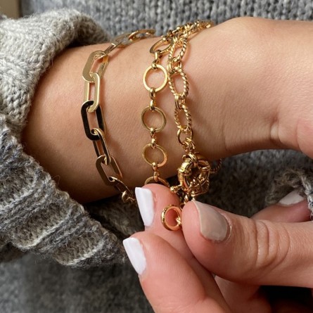 Bracelet à maillons ovale ciselés en plaqué or gros mousqueton rond marin bouée - Bijoux tendances