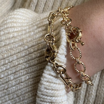 Bracelet à maillons ovale ciselés en plaqué or gros mousqueton rond marin bouée - Bijoux tendances