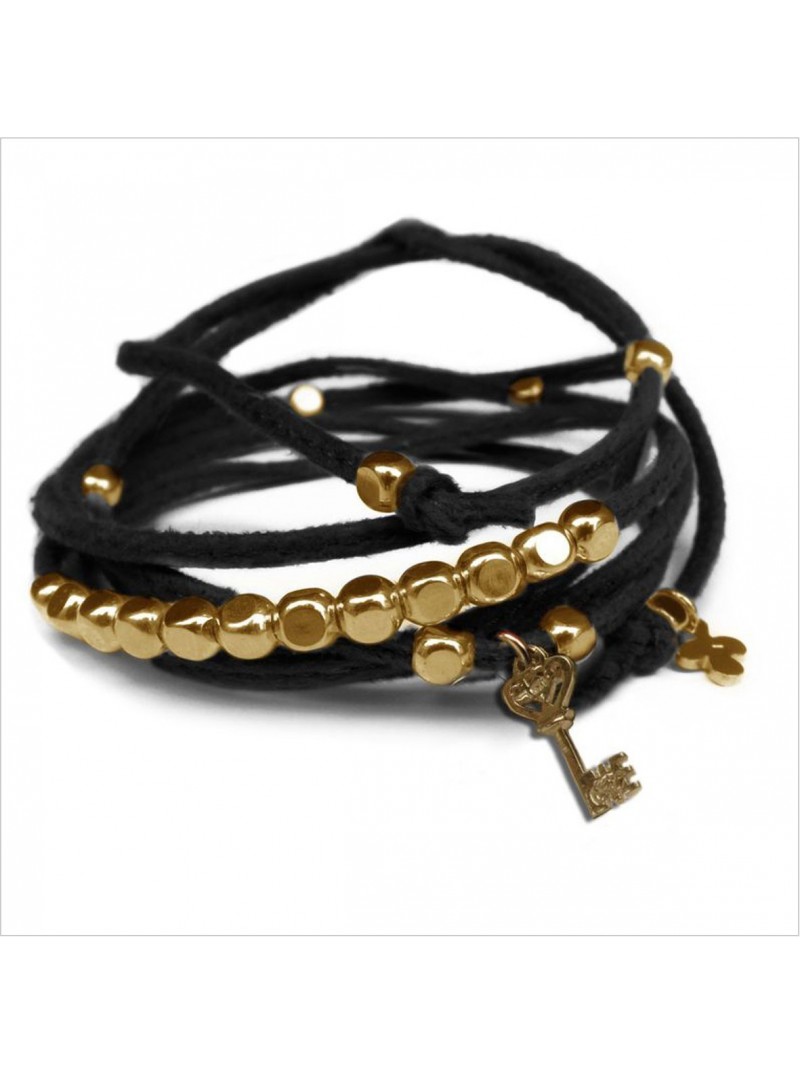 Mini charms clef sur daim noué noir perles en plaqué or - bijoux modernes - gag et lou - bijoux fantaisie
