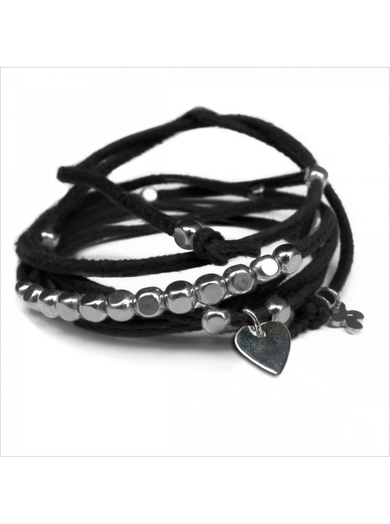 Mini charms coeur sur daim noué noir perles en argent - bijoux modernes - gag et lou - bijoux fantaisie