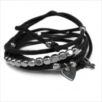 Mini charms coeur sur daim noué noir perles en argent - bijoux modernes - gag et lou - bijoux fantaisie