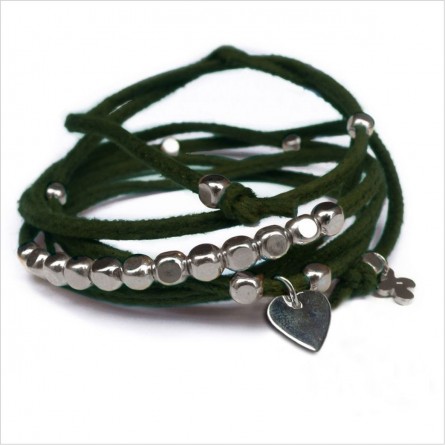 Mini charms coeur sur daim noué vert perles en argent - bijoux modernes - gag et lou - bijoux fantaisie