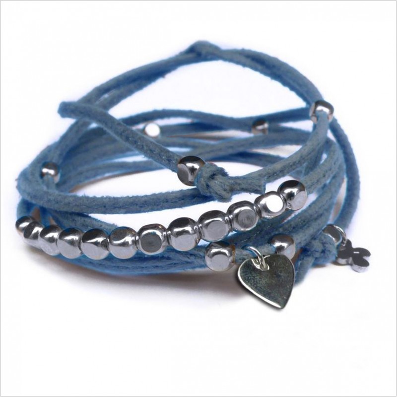 Mini charms coeur sur daim noué jeans perles en argent - bijoux modernes - gag et lou - bijoux fantaisie