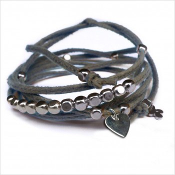 Mini charms coeur sur daim noué gris perles en argent - bijoux modernes - gag et lou - bijoux fantaisie