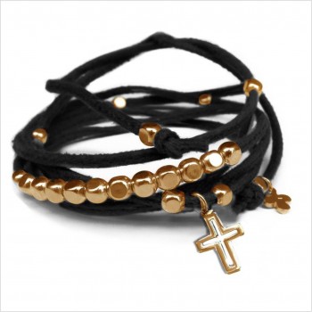 Mini charms croix sur daim noué noir perles en plaqué or - bijoux modernes - gag et lou - bijoux fantaisie