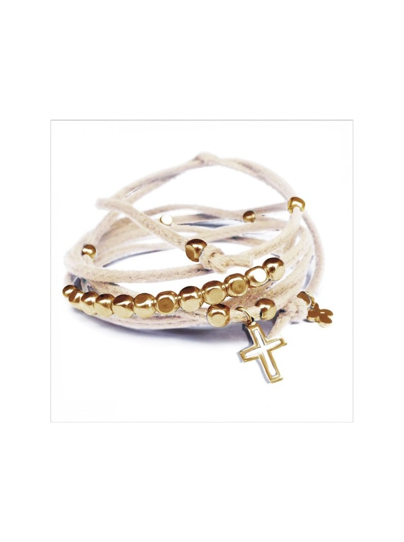 Mini charms croix sur daim noué crème perles en plaqué or - bijoux modernes - gag et lou - bijoux fantaisie