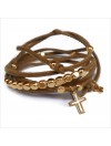Mini charms croix sur daim noué camel perles en plaqué or - bijoux modernes - gag et lou - bijoux fantaisie