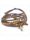 Mini charms croix sur daim noué greige perles en plaqué or - bijoux modernes - gag et lou - bijoux fantaisie